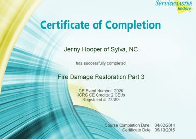 Certificate of completion of Fire Damage Restoration Part 3