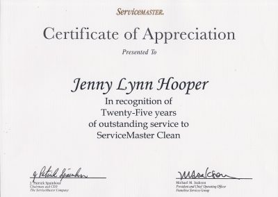 Certificate of appreciation in recognition of Twenty-Five years of service to ServiceMaster Clean