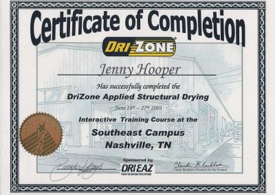 DriZone Applied Structural Drying Certificate of Completion